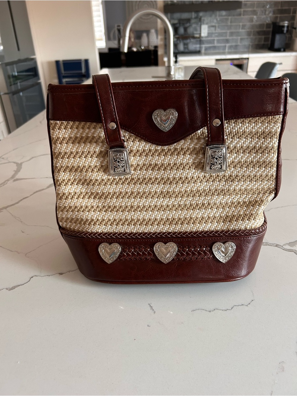 Brighton Brown Leather-Trim Straw Tote with Silver Heart Accents
